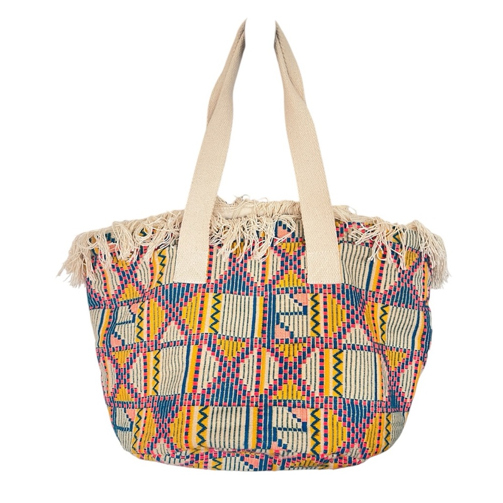 Aerie Boho Geometric Woven Tote Bag Fringe Yellow blue pink Kente-inspired beach